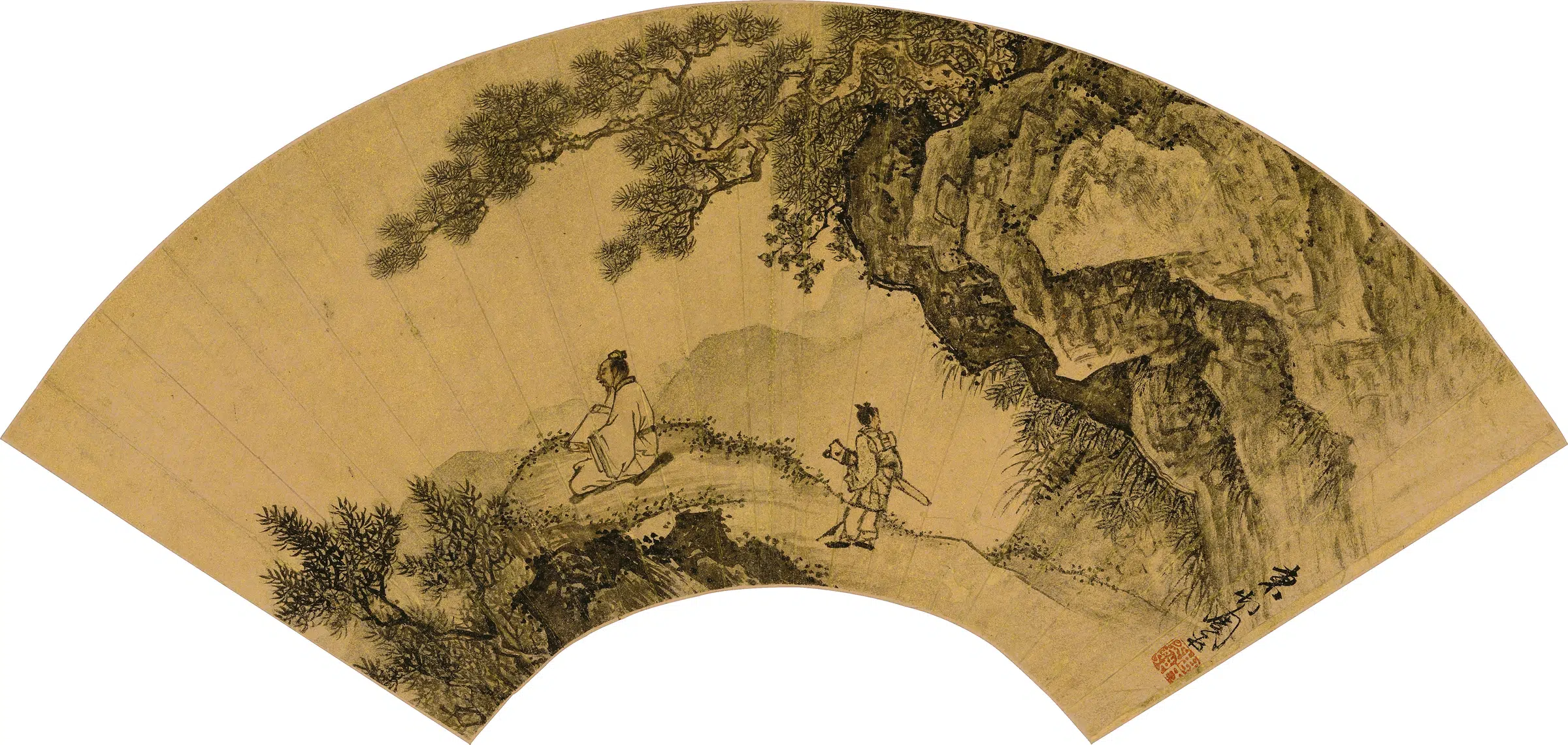 明朝【周臣】《携琴看山图扇面》