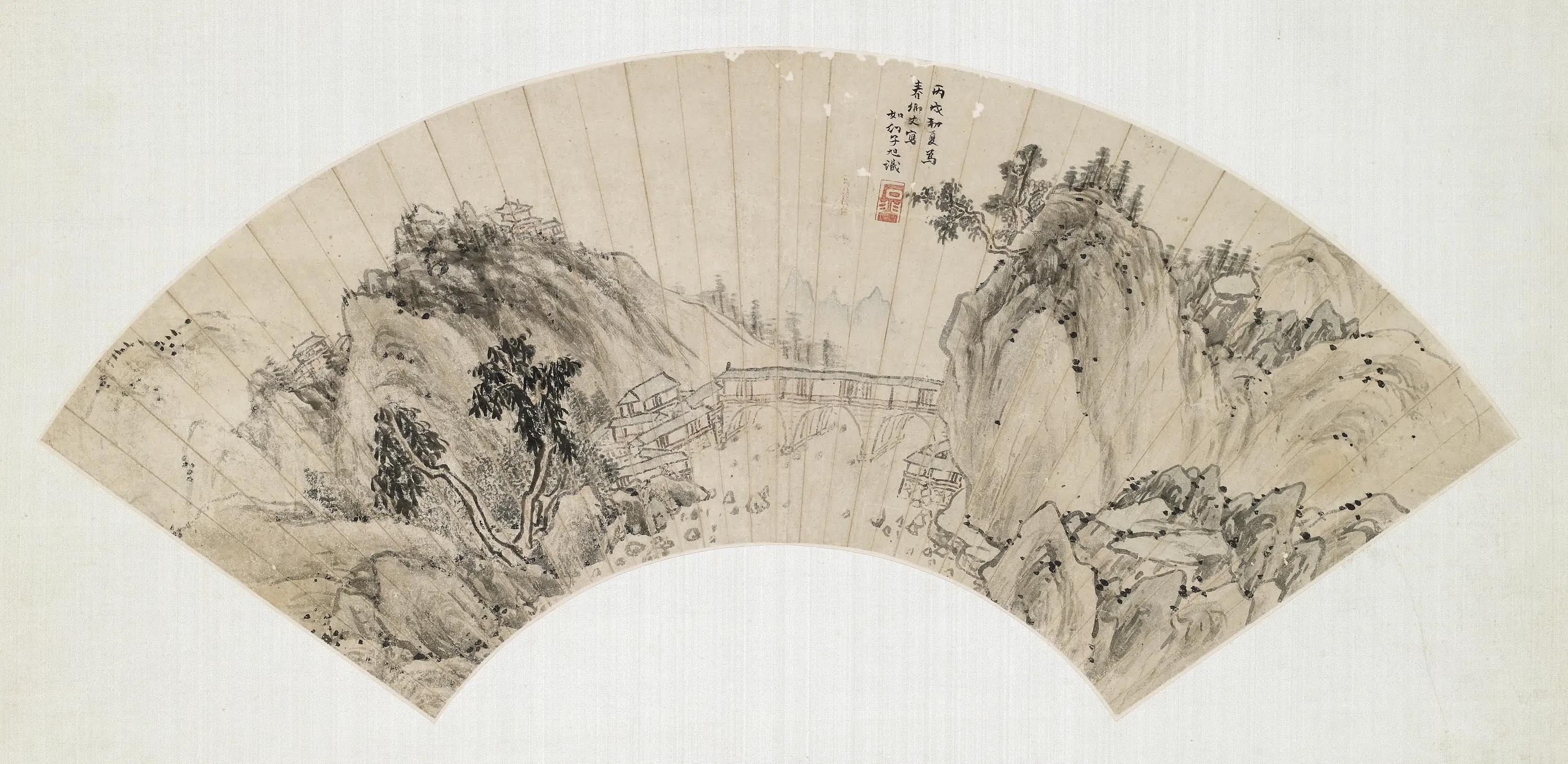 明朝【宋旭】《溪阁石桥扇面》 第1张