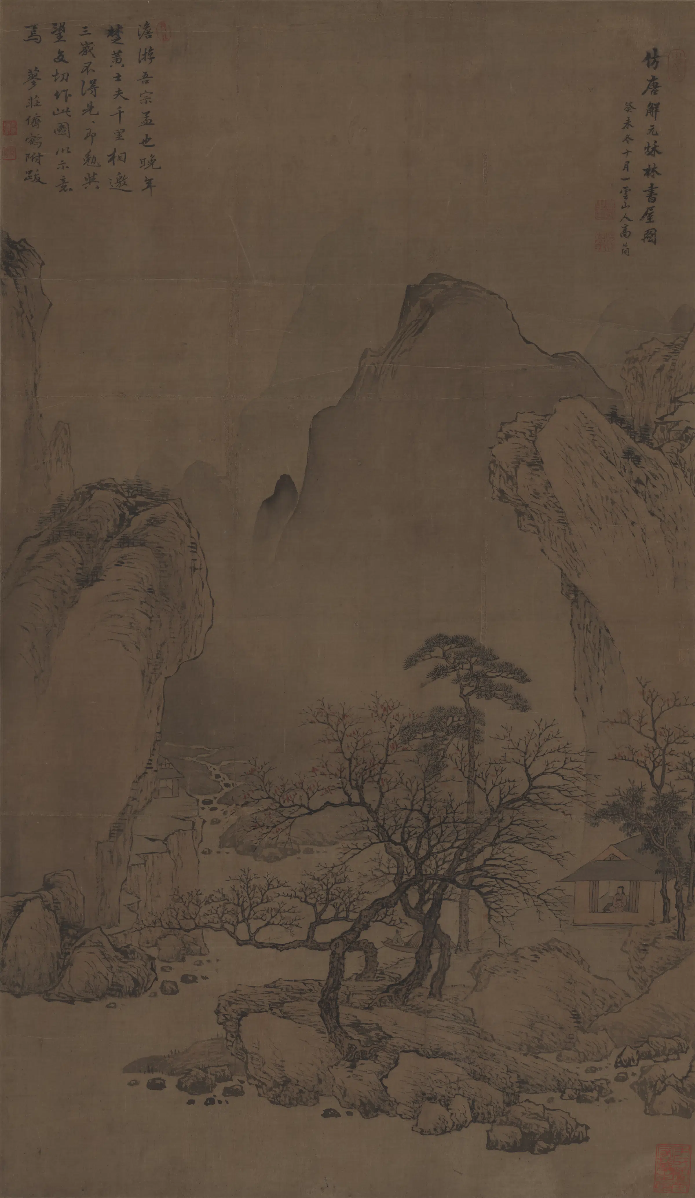 【高简】《仿唐寅秋林书屋图绢本》
