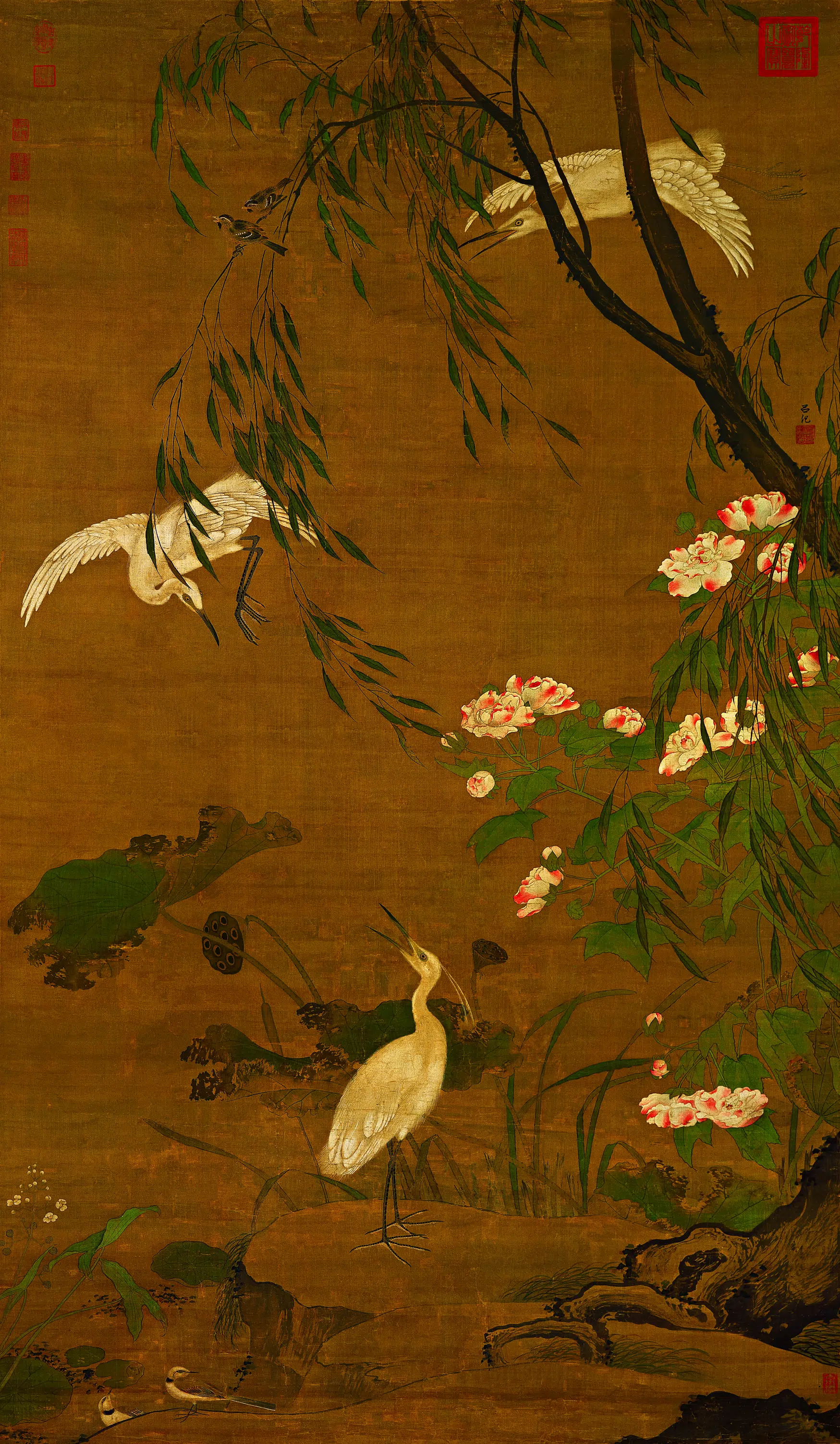 明朝【吕纪】《秋鹭芙蓉图绢本》