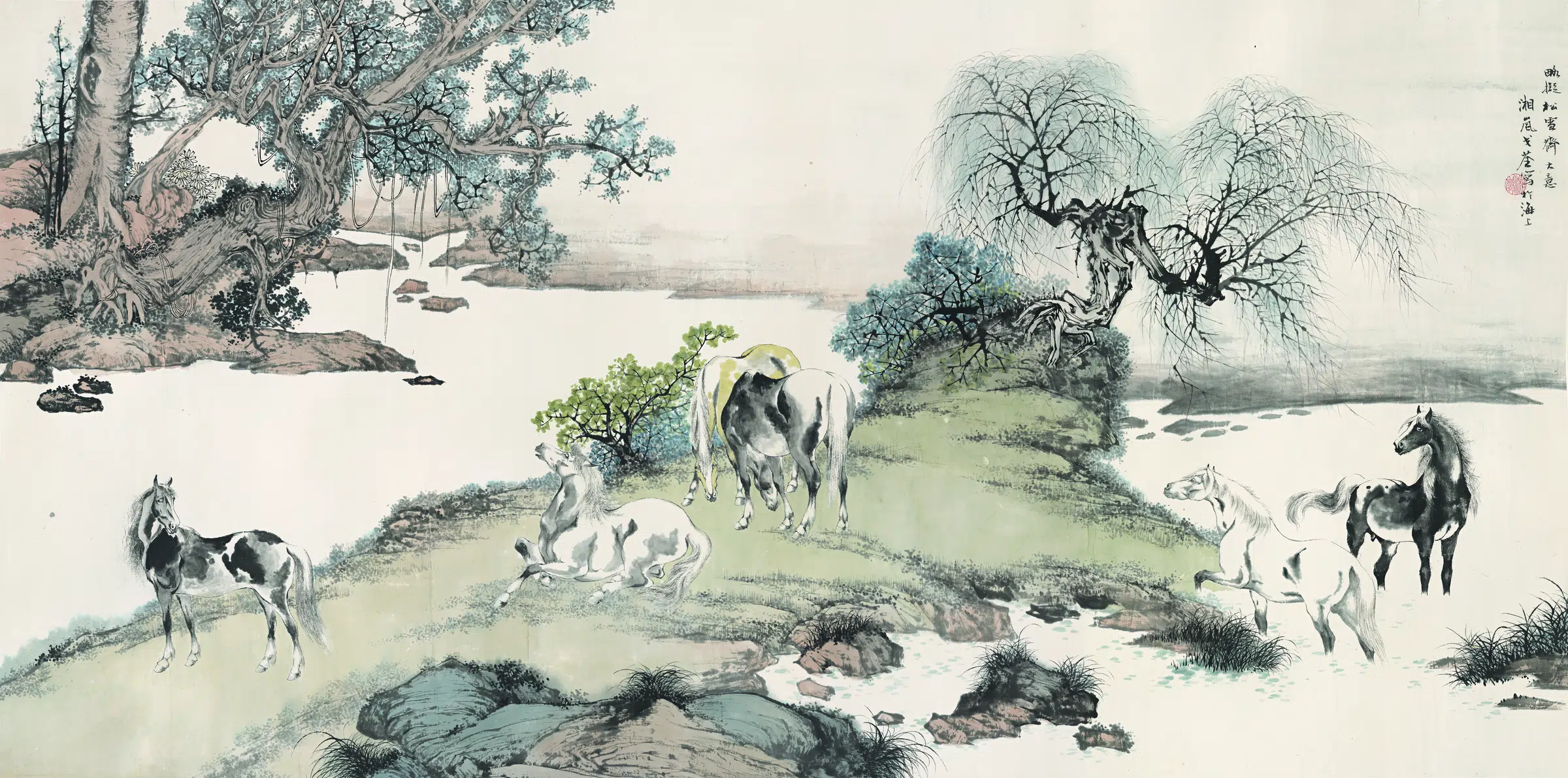 近代【戈湘岚】《溪岸六骏图》