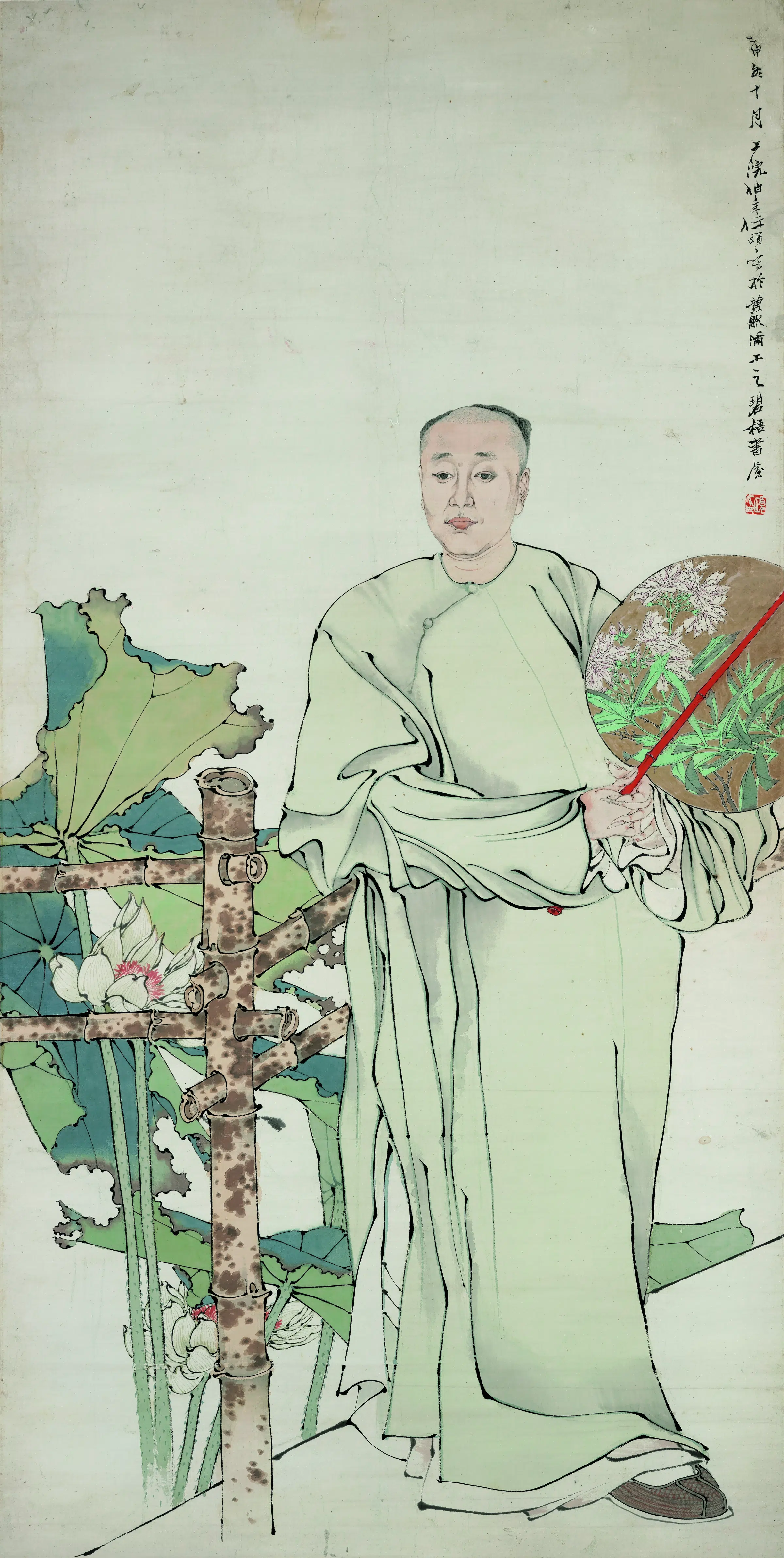 清代【任伯年】《凭栏赏荷肖像图》