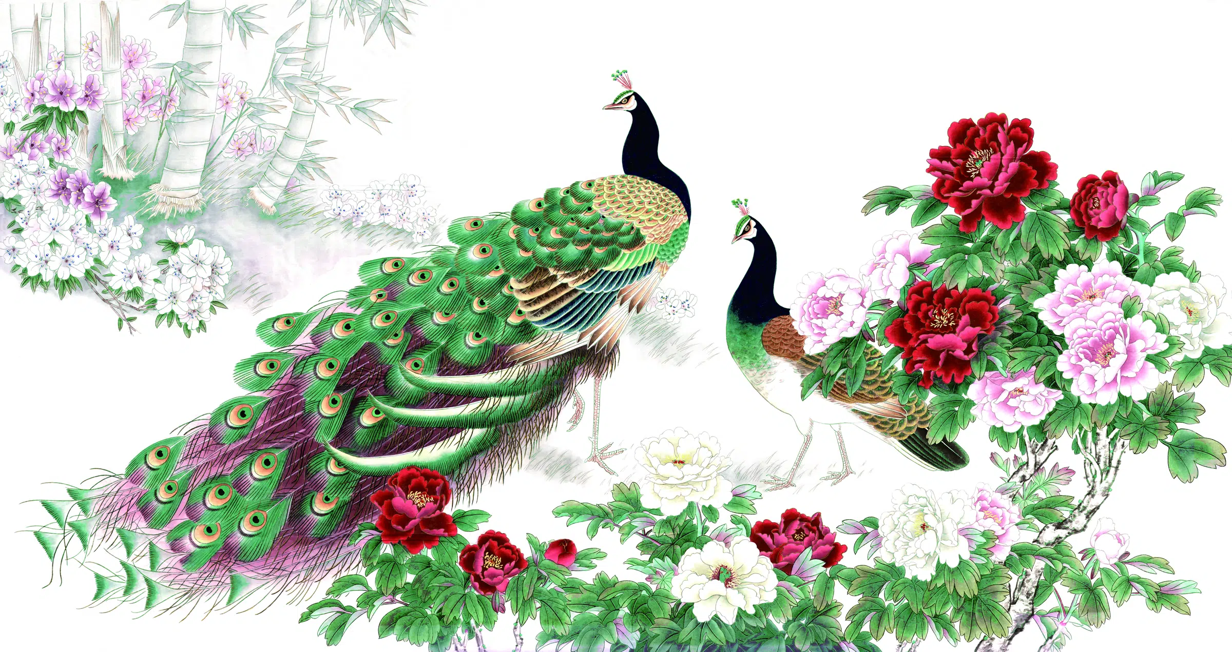 近现代【张玉明】《牡丹双孔雀翠竹图》 第1张 近现代【张玉明】《牡丹双孔雀翠竹图》 第1张