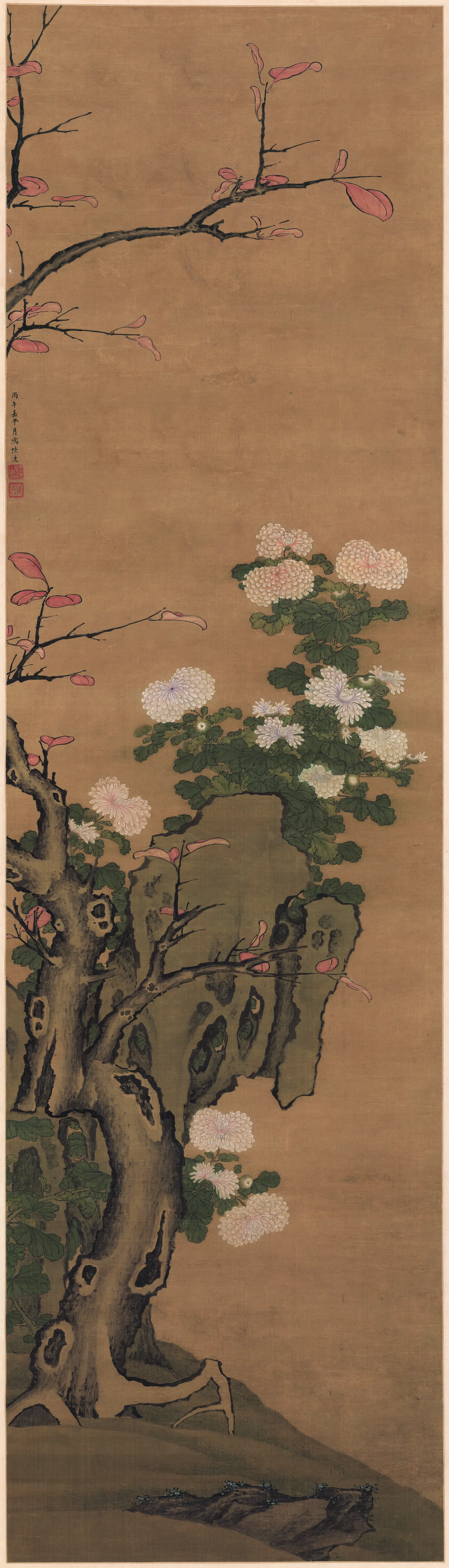 明朝【陆逵】《设色菊花立轴绢本》