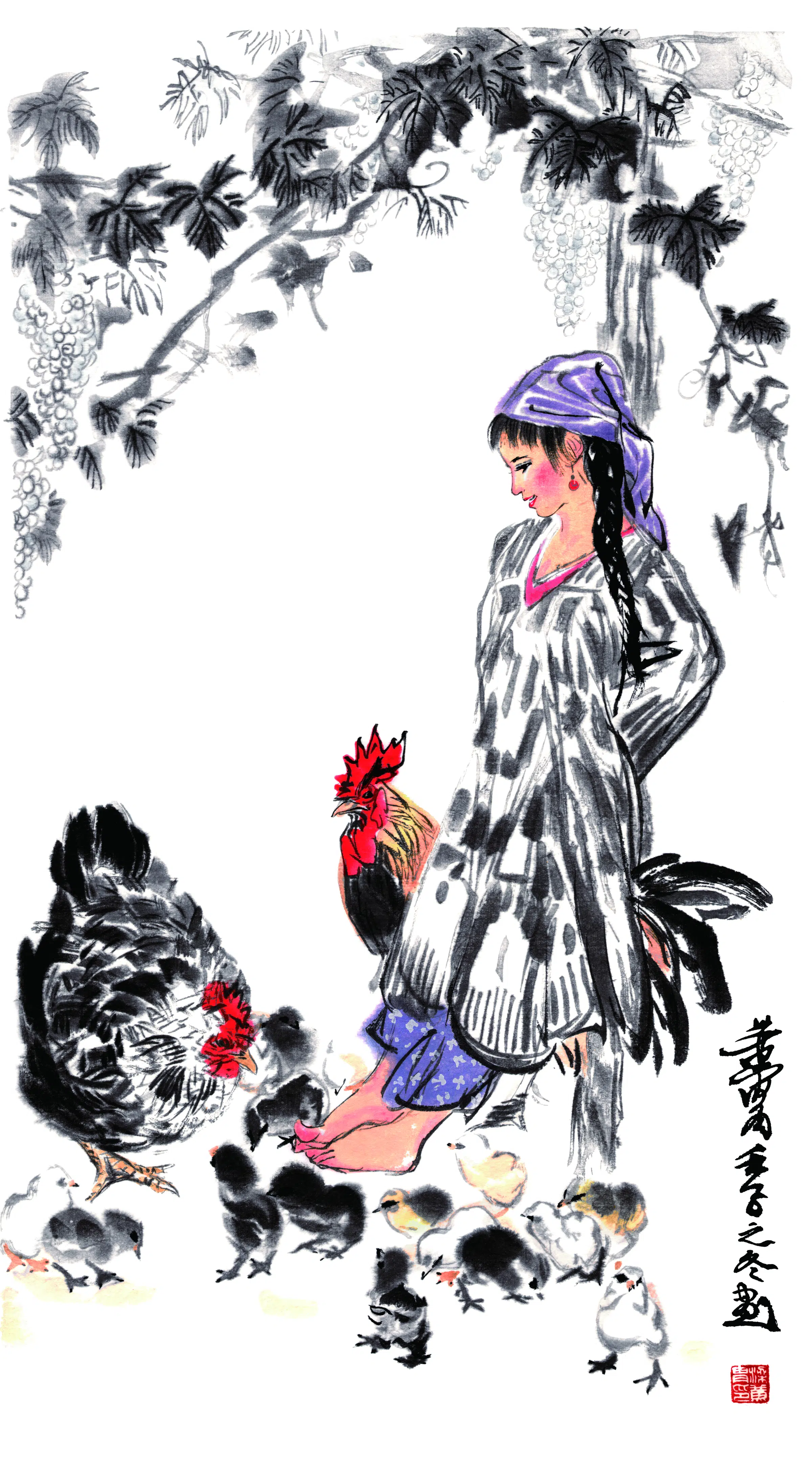 近现代【黄胄】《育雏》