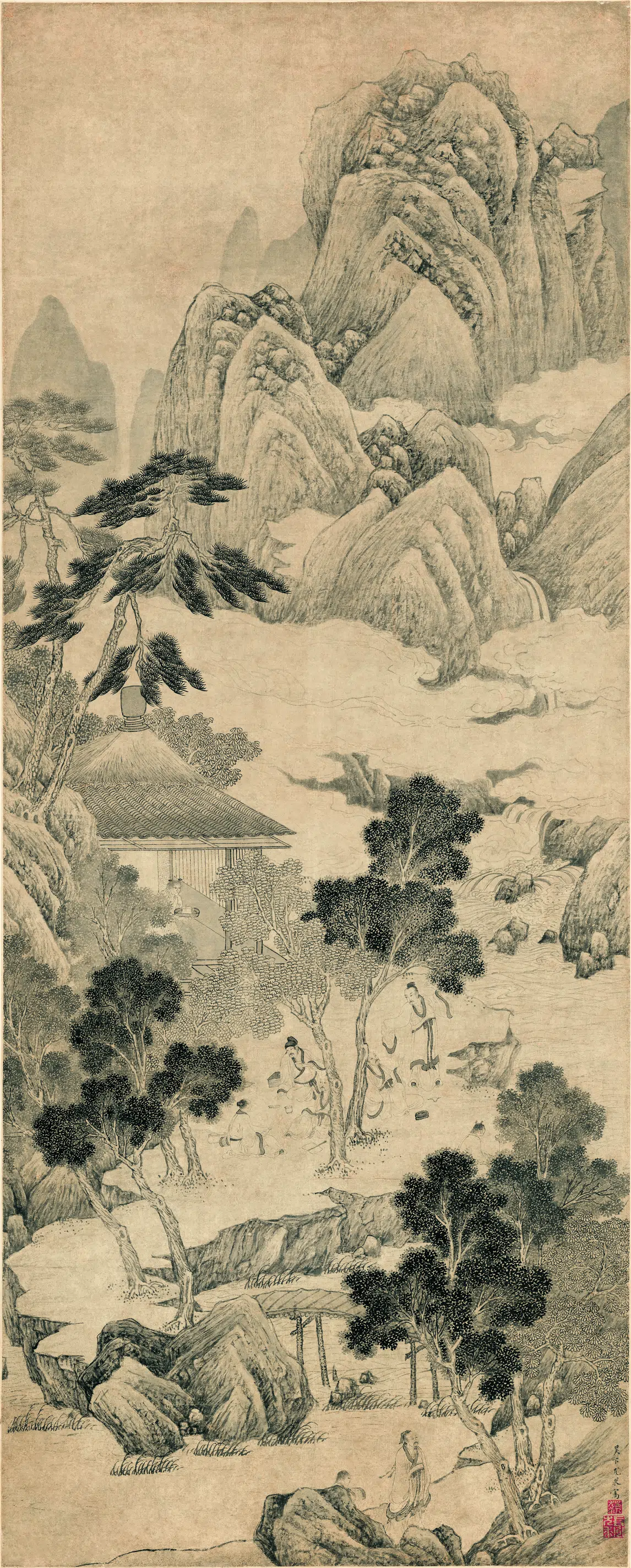明朝【尤求】《山水人物轴纸本》