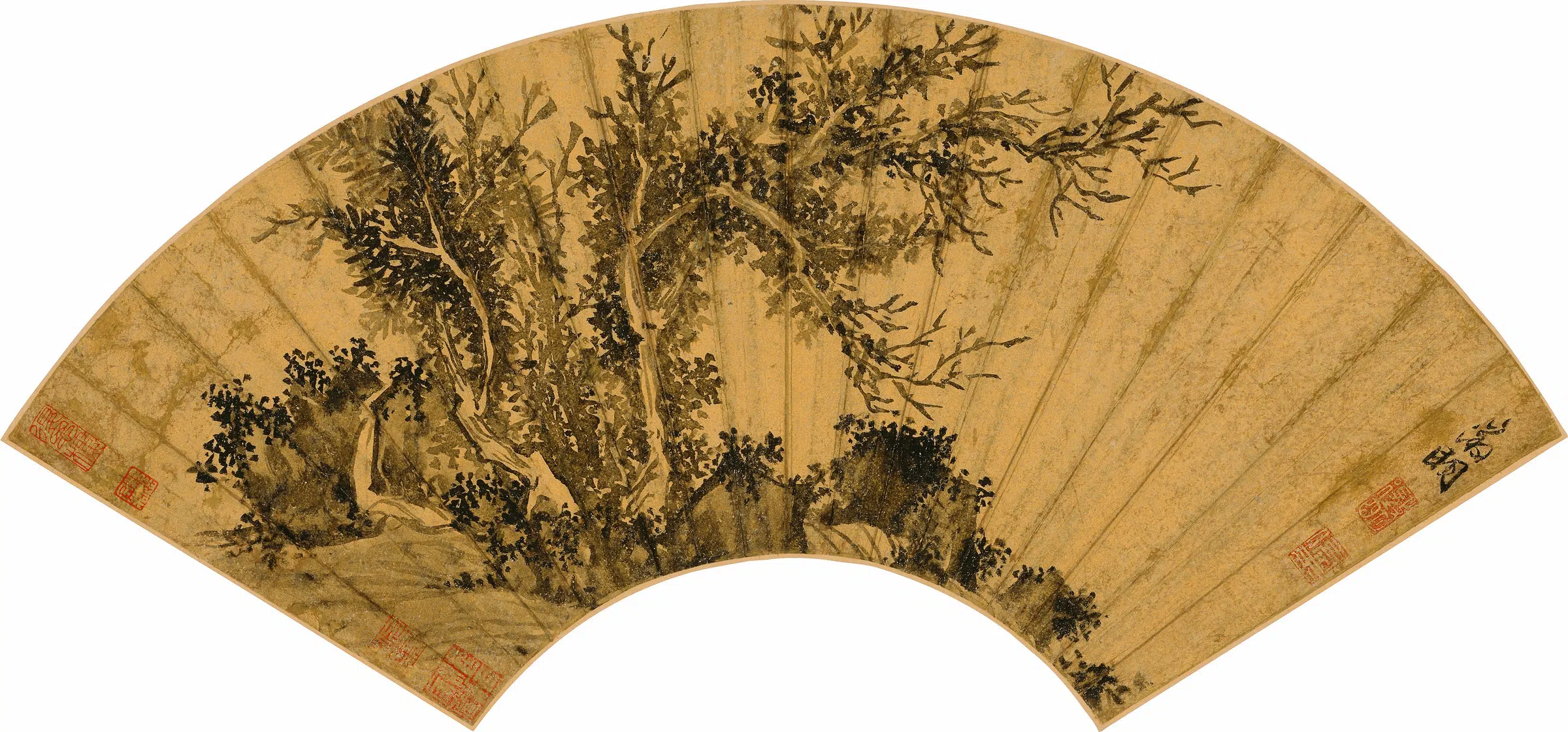 明朝【文徵明（文征明）】《文石乔木图扇面》